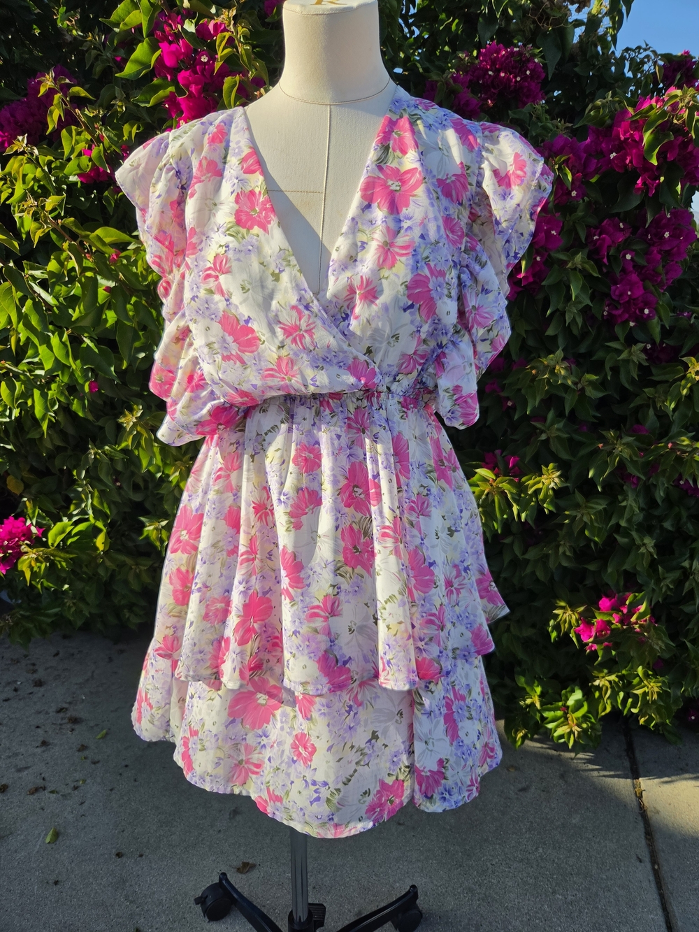 Entro Floral Ruffle Mini Dress Women's Small Pink Lavender Flutter Sleeve